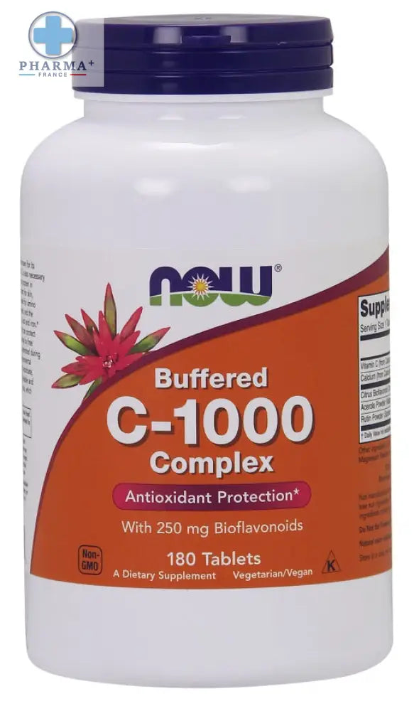 Flacon en plastique blanc avec bouchon violet et étiquette orange now foods complément buffered c-1000 complex avec 250mg bioflavonoïdes