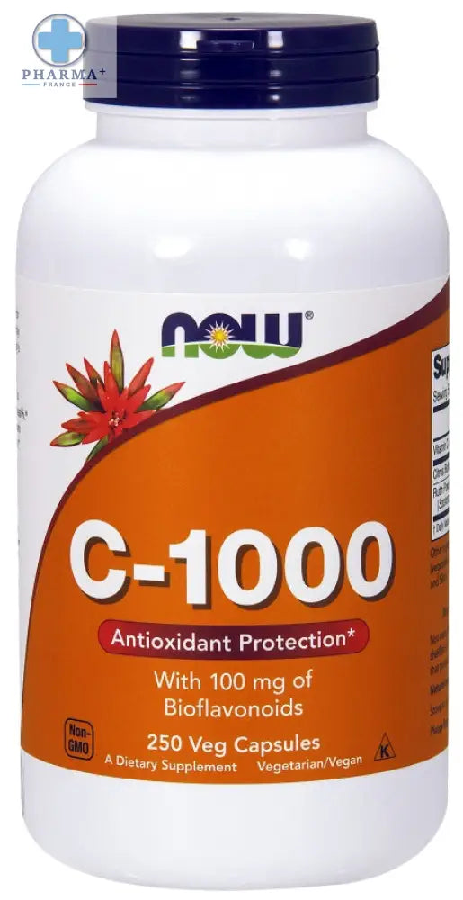 Bouteille en plastique blanc avec bouchon bleu foncé et étiquette orange de now foods c-1000 avec 100mg bioflavonoïdes