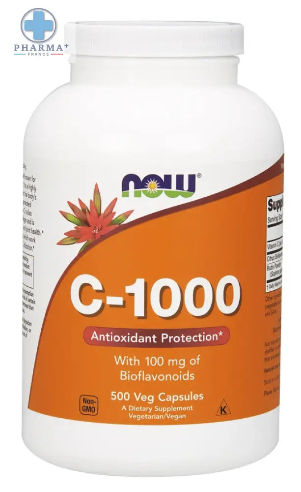 Bouteille blanche en plastique avec étiquette orange now foods complément c-1000 avec 100mg bioflavonoïdes 500 gélules