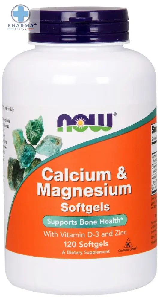 Bouteille blanche en plastique avec bouchon violet et étiquette orange now foods calcium et magnésium 250 gélules souples vit d