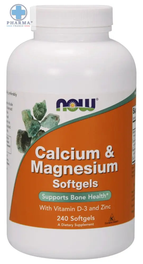 Bouteille blanche en plastique de capsules molles now foods calcium et magnésium avec étiquette orange et verte
