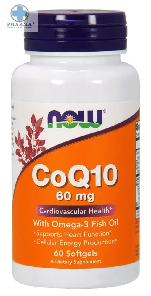 Bouteille en plastique blanc avec bouchon violet et étiquette orange now foods coq10 60 mg complément alimentaire 60 gélules