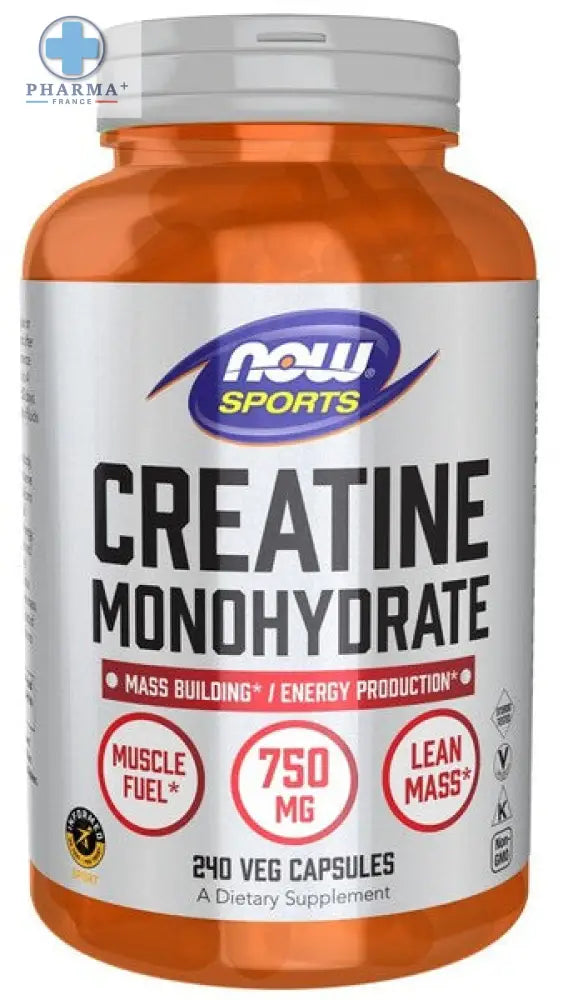 Bouteille orange en plastique de now foods créatine monohydrate complément alimentaire avec étiquette blanche et bouchon argenté