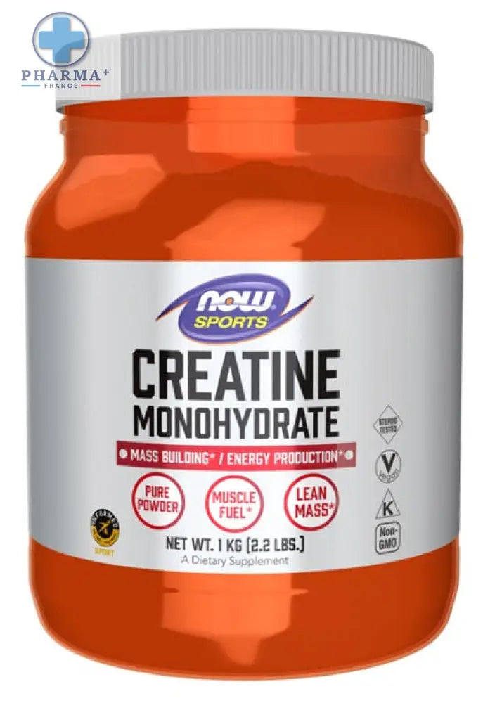 Pot orange en plastique avec couvercle blanc et étiquette argentée du supplément créatine monohydrate now foods pour le sport 227 g