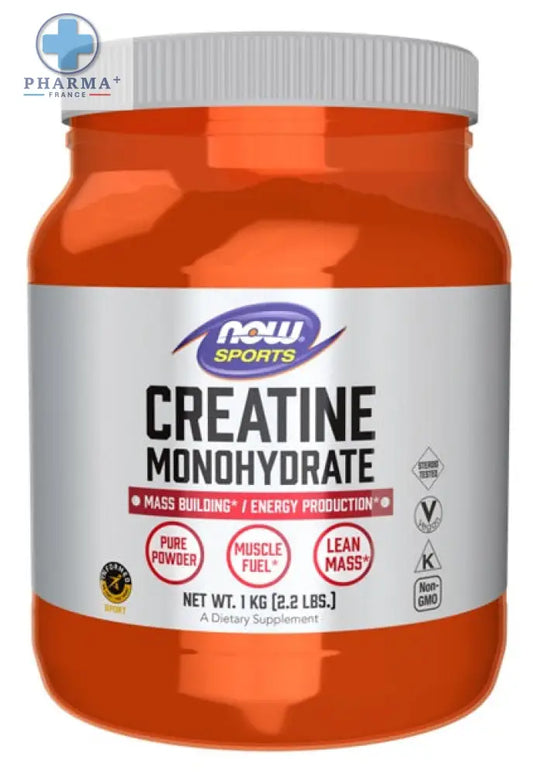 Pot orange en plastique avec couvercle blanc et étiquette argentée du supplément créatine monohydrate now foods pour le sport 227 g