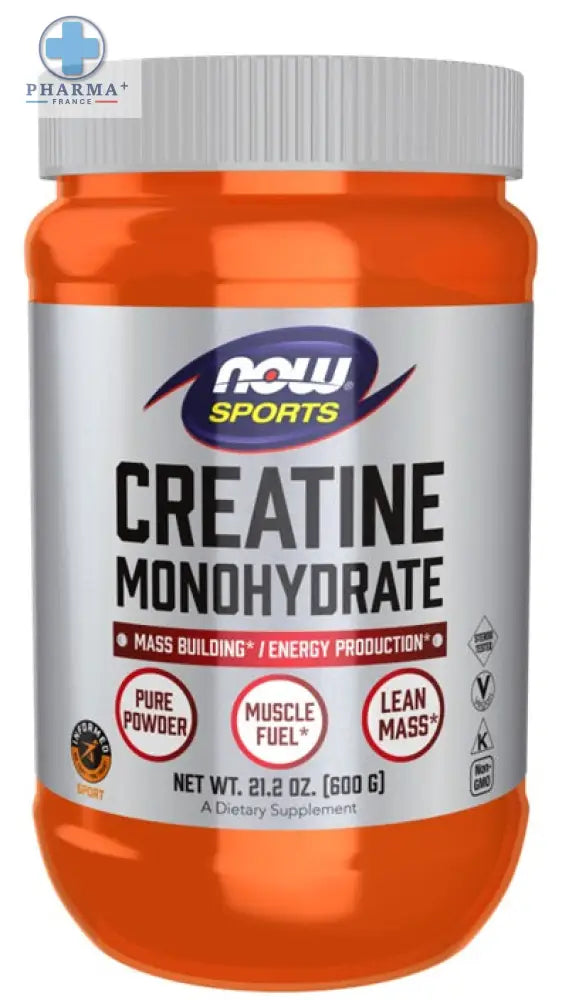 Orange plastic container with white lid and silver label of now foods créatine monohydrate pure poudre 227 g product