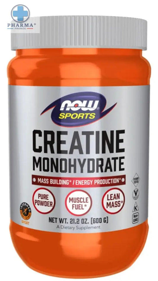 Orange plastic container with white lid and silver label of now foods créatine monohydrate pure poudre 227 g product