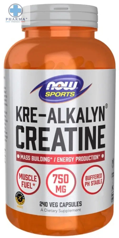 Orange plastic bottle with white cap now foods kre-alkalyn créatine 750 mg 240 capsules végétales supplement