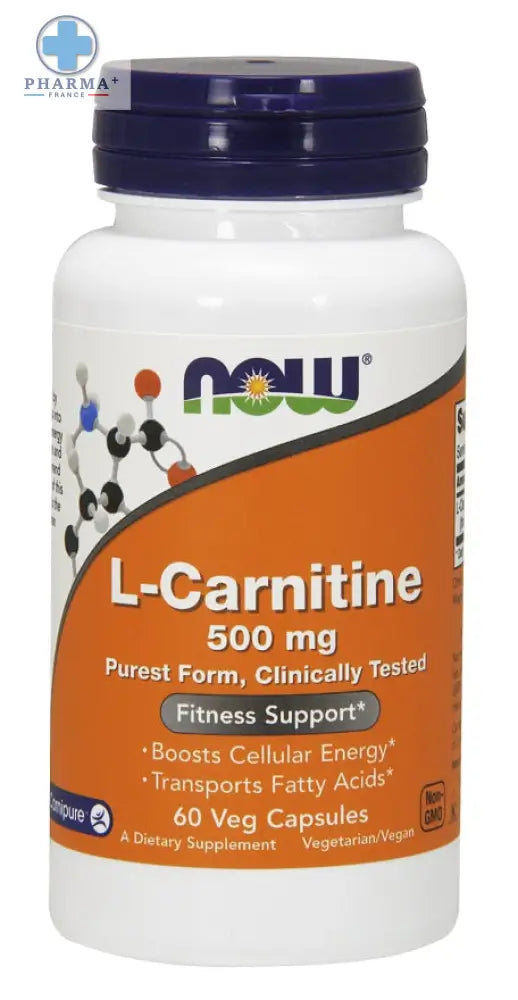 Bouteille en plastique blanc avec capsule bleue foncée et étiquette orange now foods l-carnitine complément alimentaire 500 mg 30 capsules