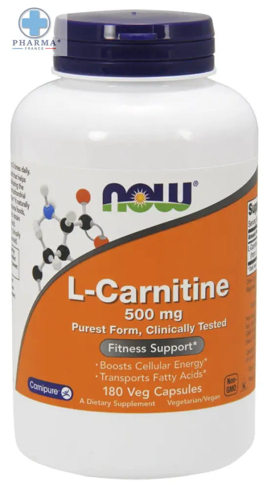 Bouteille blanche en plastique avec bouchon violet et étiquette orange now foods l-carnitine 500 mg gélules végétales complément alimentaire