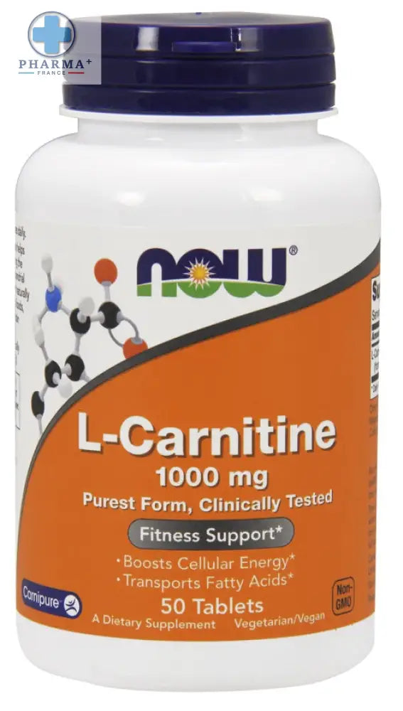 Bouteille en plastique blanche avec bouchon bleu foncé et étiquette orange du produit now foods l-carnitine 1000 mg comprimés