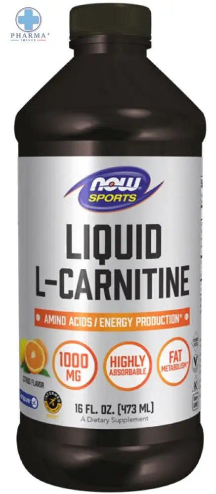 Bouteille en plastique brun foncé now foods liquide 1000mg citrus l carnitine 473 ml avec étiquette blanche et accents orange