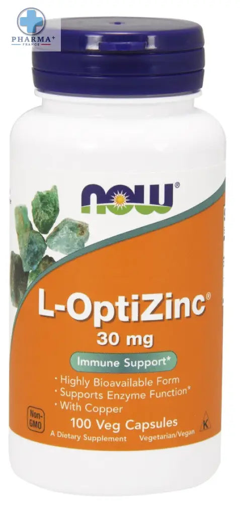 Bouteille blanche en plastique avec bouchon bleu foncé et étiquette orange now foods l-optizinc 30 mg complément alimentaire 60 gélules végétariennes