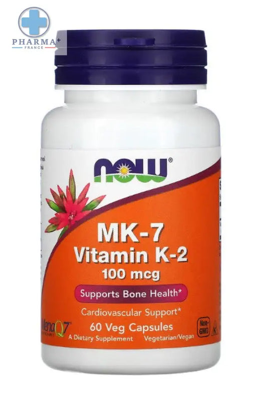 Bouteille en plastique blanc avec bouchon bleu foncé et étiquette orange now foods mk-7 vitamine k-2 100 mcg santé des os