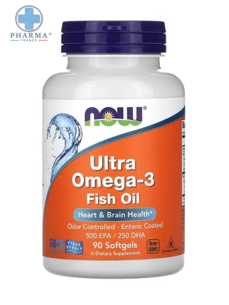 Bouteille blanche en plastique avec bouchon violet et étiquette orange now foods ultra capsules molles huile de poisson