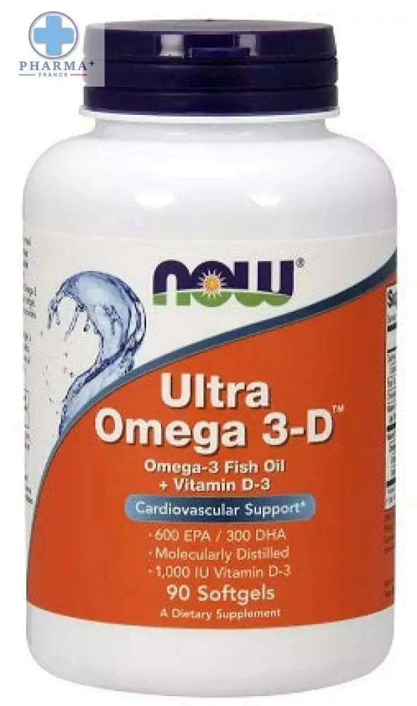 Bouteille en plastique blanc avec bouchon bleu marine contenant 90 gélules now foods ultra omega 3-d complément alimentaire