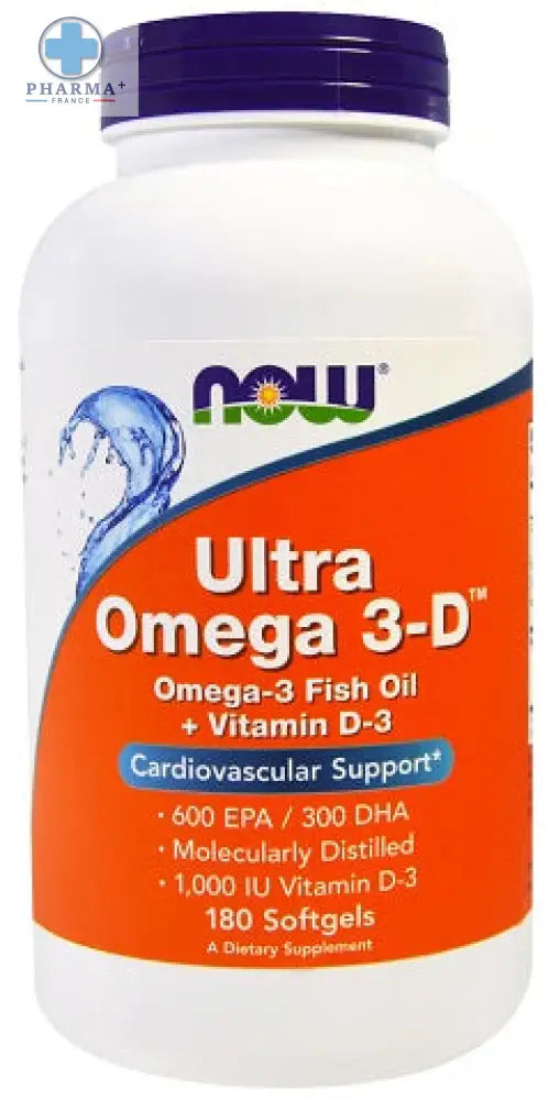 Bouteille plastique blanche avec bouchon violet et étiquette orange du complément cardiovasculaire now foods ultra omega 3 d 90 capsules