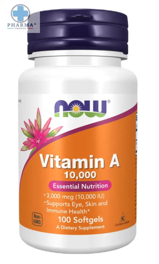Bouteille plastique blanche avec capsule violette et étiquette orange now foods vitamine a 10000 ui 100 capsules molles