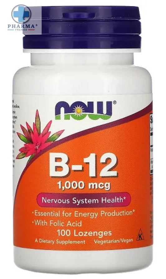 Bouteille de complément alimentaire now foods vitamine b-12 1000 mcg avec étiquette orange et bouchon violet