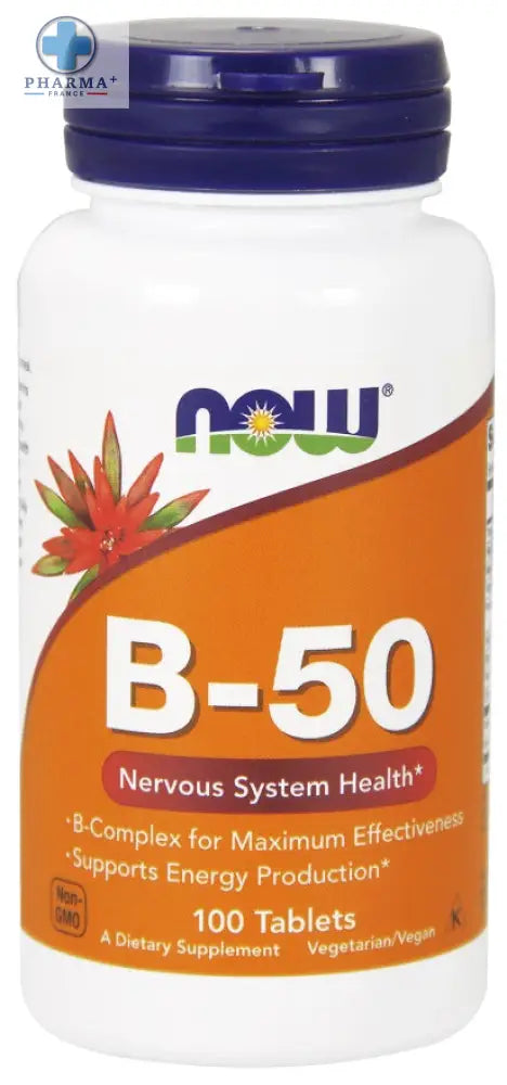 Bouteille plastique blanche avec bouchon bleu et étiquette orange now foods vitamine b-50 complément alimentaire 100 gélules