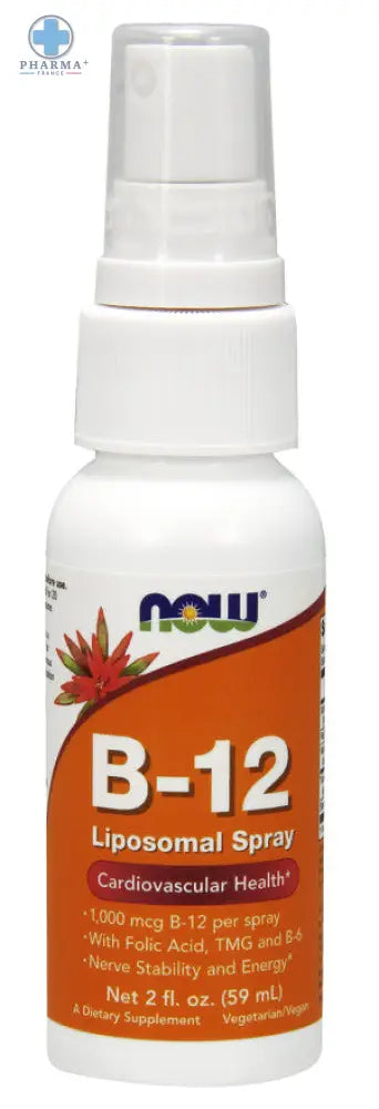 Bouteille blanche en plastique now foods vitamine b12 liposomal spray avec étiquette orange pour santé cardiovasculaire