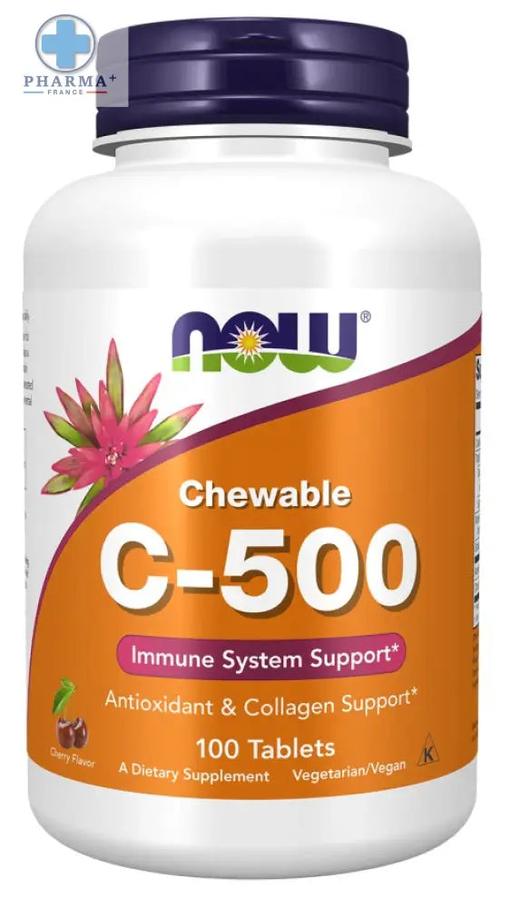 Bouteille blanche en plastique avec bouchon violet et étiquette orange now foods c-500 chewable vitamine c saveur cerise