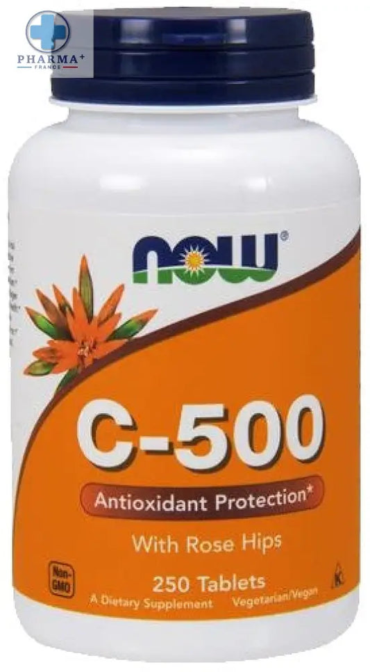 Bouteille blanche en plastique avec capuchon bleu marine contenant 250 comprimés de vitamine c-500 now foods avec rose hips