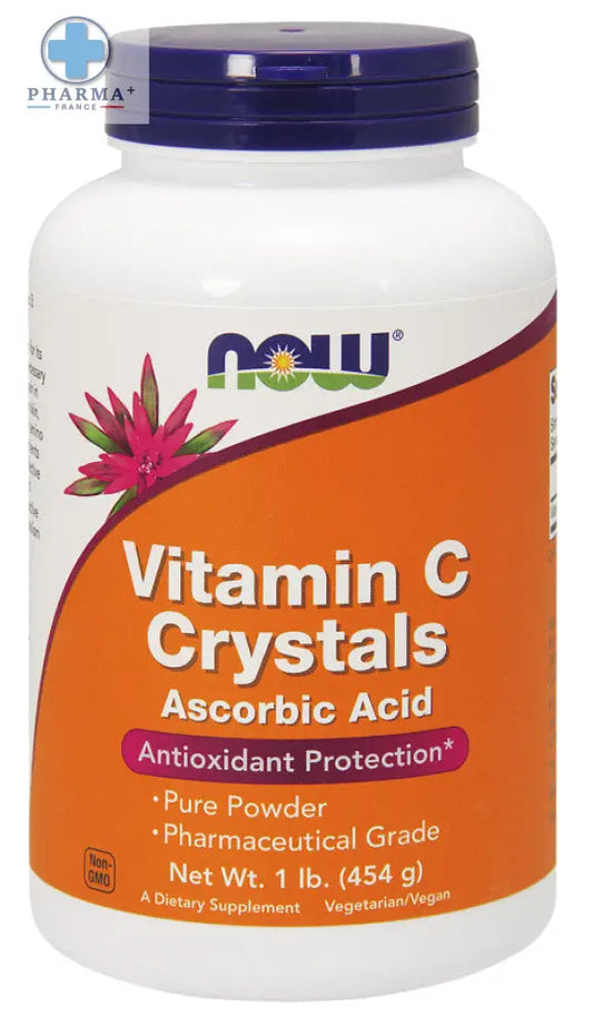 Bouteille plastique blanche avec bouchon violet et étiquette orange now foods vitamine c crystals en poudre acide ascorbique