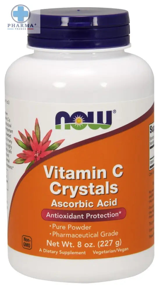 Bouteille en plastique blanche avec bouchon bleu foncé et étiquette orange now foods vitamine c crystals poudre d acide ascorbique pur 227 g