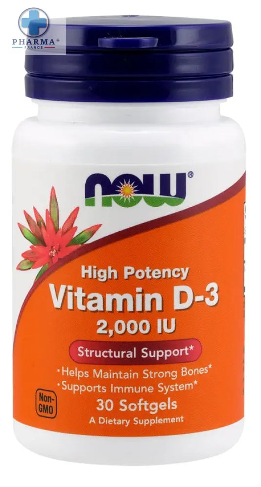 Bouteille blanche en plastique avec capsule bleu foncé et étiquette orange now foods vitamine d-3 haute puissance 30 capsules molles