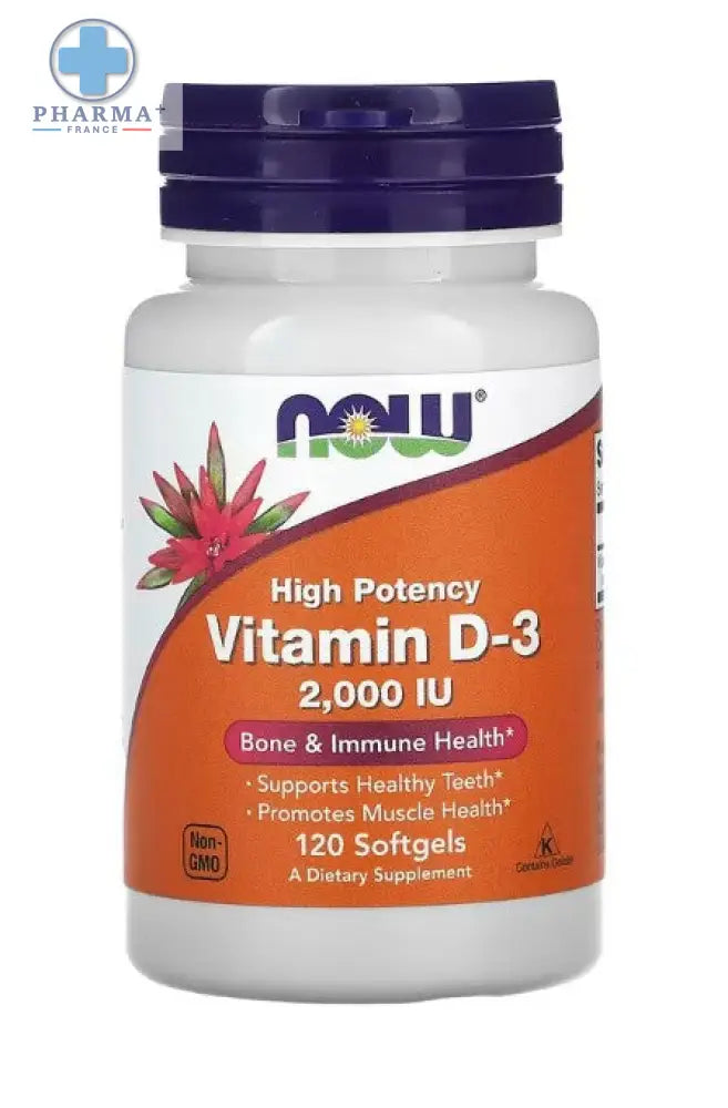 Bouteille blanche en plastique avec capsule molle violette et étiquette orange now foods vitamine d3 2000 ui pour santé des os