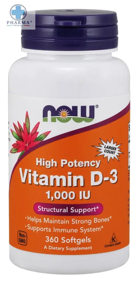 Bouteille blanche en plastique now foods avec capsule molle violet foncé et étiquette orange vitamine d3 haute puissance 1000 ui