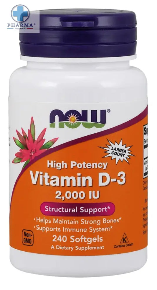 Bouteille blanche en plastique avec bouchon violet et étiquette orange now foods vitamine d3 haute puissance 240 capsules molles