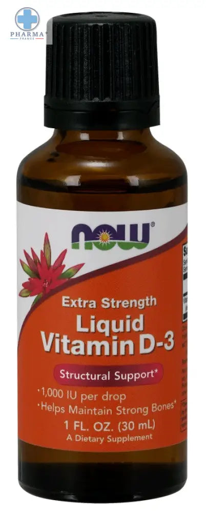 Flacon en verre brun now foods vitamine d3 extra strength avec bouchon noir et étiquette orange à motif floral