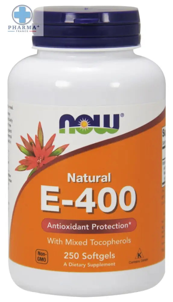 Bouteille en plastique blanche avec bouchon bleu foncé et étiquette orange now foods vitamine e 400 capsules molles mixed tocopherols