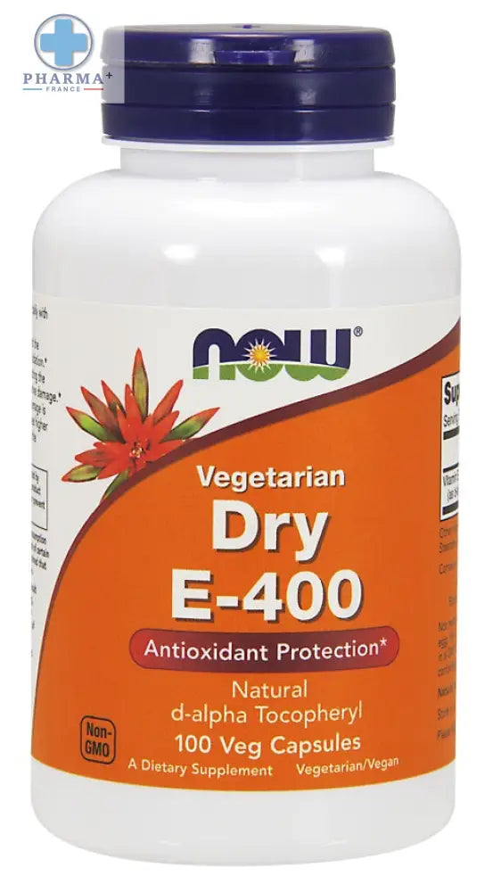 Bouteille blanche en plastique avec bouchon violet et étiquette orange de now foods vitamine e-400 dry protection antioxydante 100 gélules végétariennes