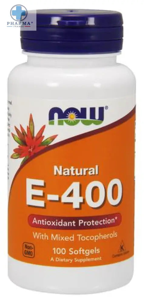 Bouteille plastique blanche now foods avec capsule violette et étiquette orange de vitamine e 400 capsules molles à base de tocophérols mixtes