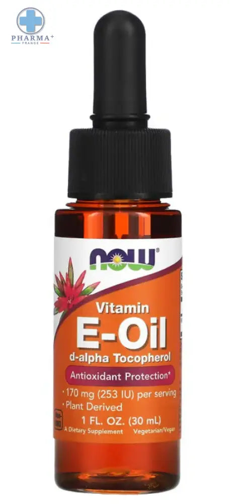 Now foods vitamine e huile en flacon compte-gouttes en verre ambré avec bouchon noir et étiquette orange verte blanche