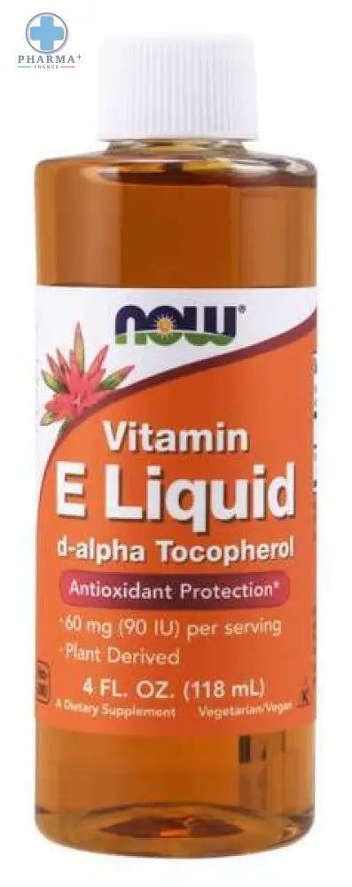 Now foods vitamine e liquide antioxidant 118 ml en flacon verre ambré 4 fl oz avec étiquette orange et bouchon blanc