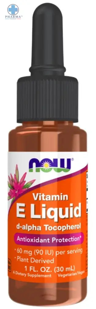 Bouteille en verre ambré now foods vitamine e liquide antioxydante avec capuchon compte-gouttes noir et étiquette blanche