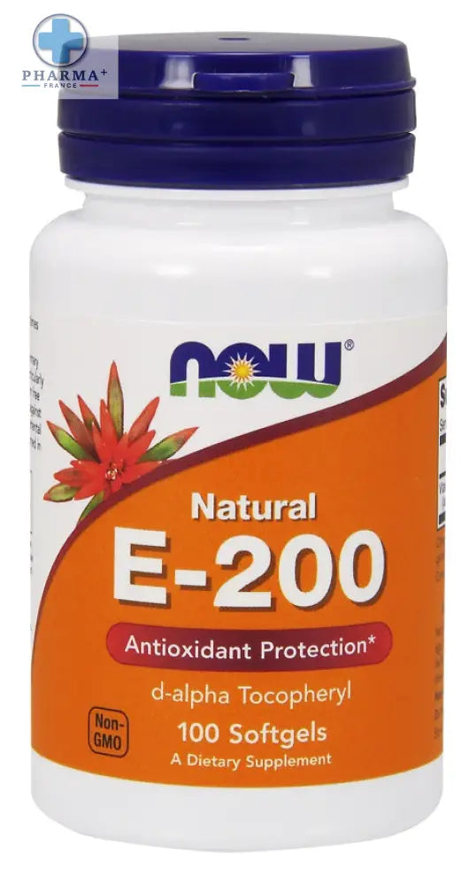 Bouteille blanche en plastique avec capsule bleue et étiquette orange du now foods vitamine e protection antioxydante 100 capsules molles