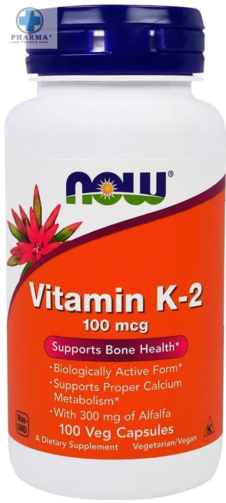 Bouteille en plastique blanche avec bouchon bleu et étiquette orange now foods vitamine k-2 100 mcg 100 gélules végétales