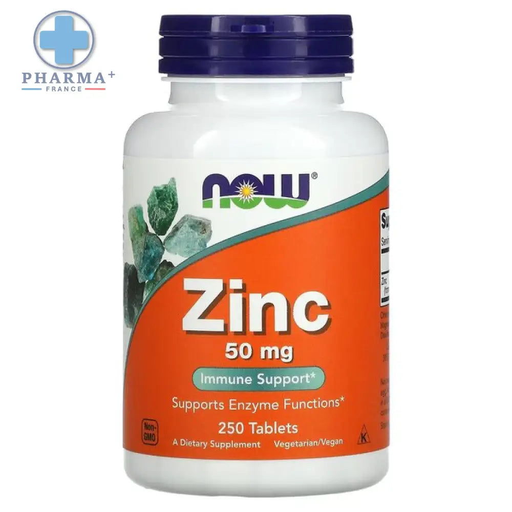 Bouteille blanche en plastique avec bouchon violet et étiquette orange now foods zinc soutien immunitaire 50 mg 100 comprimés