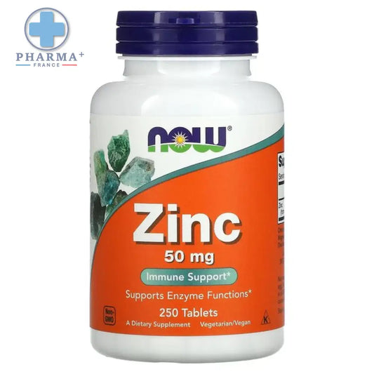 Bouteille blanche en plastique avec bouchon violet et étiquette orange now foods zinc soutien immunitaire 50 mg 100 comprimés