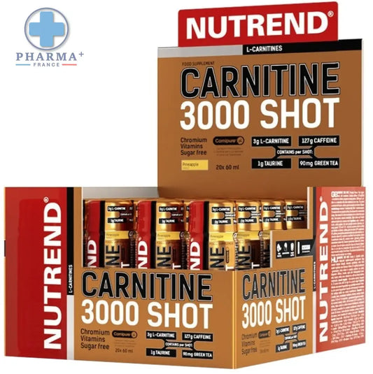 Nutrend carnitine 3000 shot énergisant ananas 60 ml en flacon rouge et or sans sucre avec 127mg caféine par dose