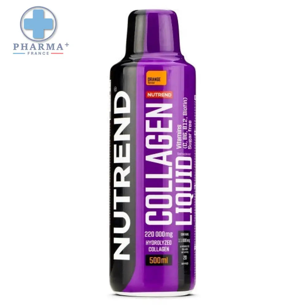 Bouteille noire et violette de nutrend collagène liquide alimentaire à base orange 500 ml avec saveur orange