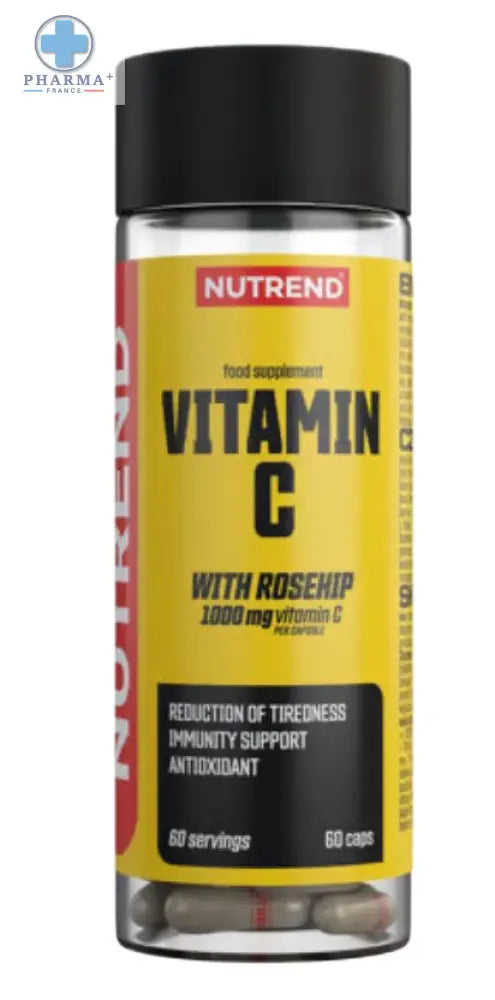 Bouteille plastique claire nutrend vitamine c with rosehip 1000 mg 100 capsules contenant capsules gris foncé