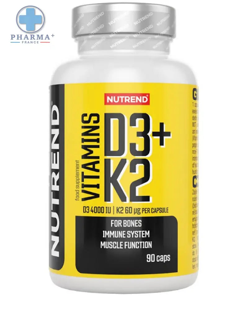 Bouteille en plastique blanc avec capsule argentée et étiquette jaune bright de nutrend vitamins d3 k2 complément alimentaire vitaminé