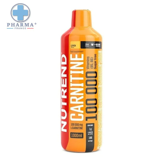 Bouteille orange et rouge de complément sportif l-carnitine nutrend carnitine 100 000 citron 1000 ml en plastique