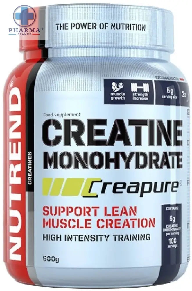Un contenant cylindrique argenté et rouge de nutrend créatine monohydrate creapure poudre performance 500 g